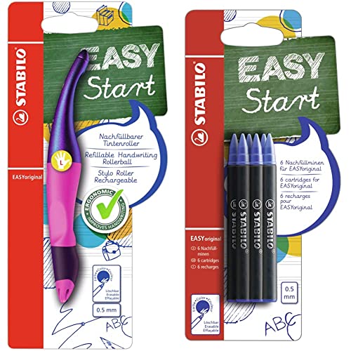 STABILO Stifte-Set - Ergonomischer Tintenroller für Linkshänder - EASYoriginal Holograph in magenta - blau (löschbar) - inkl. Patrone & Tintenpatronen - EASYoriginal Refill - medium - 6er Pack von STABILO
