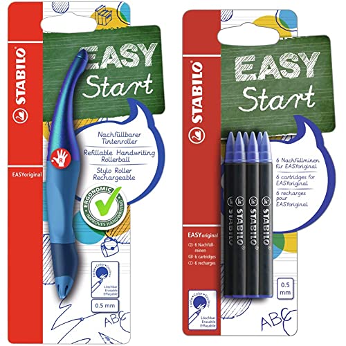 Stifte-Set STABILO Ergonomischer Tintenroller für Rechtshänder - EASYoriginal Holograph in blau - blau (löschbar) - inkl. Patrone & Tintenpatronen - EASYoriginal Refill - medium - 6er Pack von STABILO