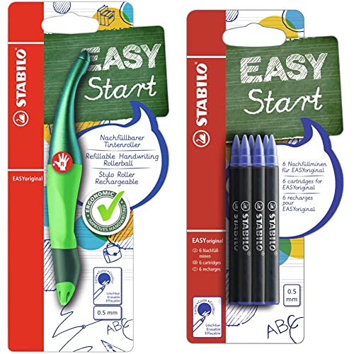 Stifte-Set STABILO Ergonomischer Tintenroller für Rechtshänder - EASYoriginal Holograph in grün - blau (löschbar) - inkl. Patrone & Tintenpatronen - EASYoriginal Refill - medium - 6er Pack von STABILO