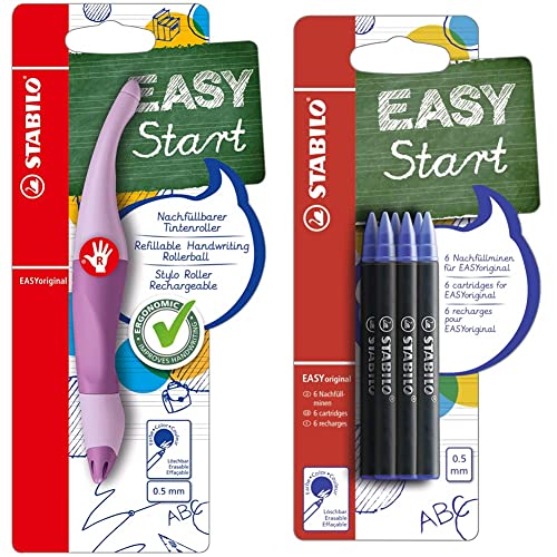 Stifte-Set STABILO Ergonomischer Tintenroller für Rechtshänder - EASYoriginal Pastel in Schimmer von Lila - blau (löschbar) - inkl. Patrone & Tintenpatronen - EASYoriginal Refill - medium - 6er Pack von STABILO