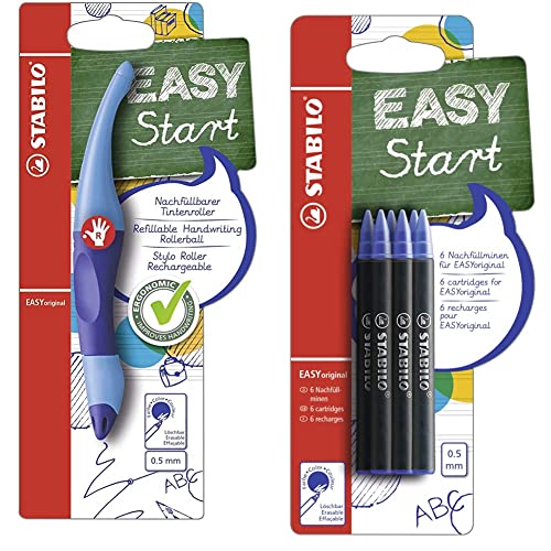 STABILO Stifte-Set - Ergonomischer Tintenroller für Rechtshänder - EASYoriginal in dunkel-, hellblau - blau (löschbar) - inkl. Patrone & Tintenpatronen - EASYoriginal Refill - medium - 6er Pack von STABILO
