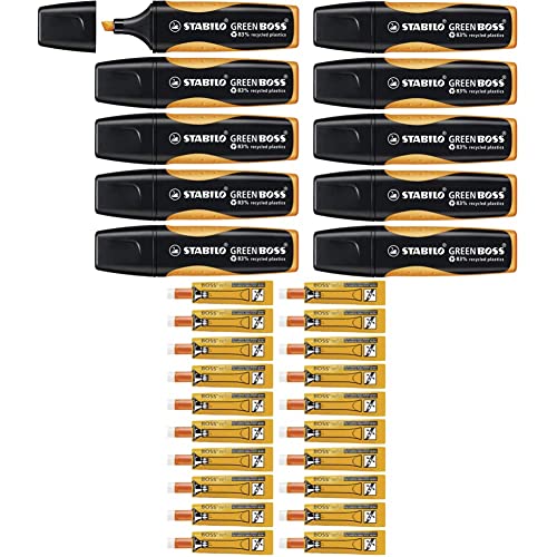 Stifte-Set STABILO Umweltfreundlicher Textmarker - GREEN BOSS - 10er Pack - orange & Tinte zum Nachfüllen - BOSS ORIGINAL Refill - 20er Pack von STABILO