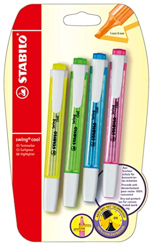 Textmarker - STABILO swing cool - 4er Pack - grün, gelb, blau, pink von STABILO