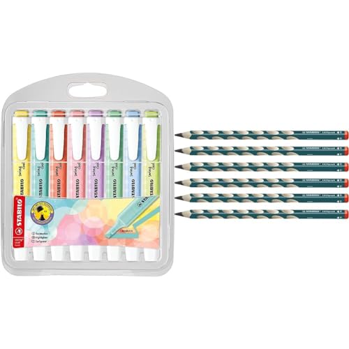 Textmarker - STABILO swing cool Pastel - 8er Pack - mit 8 verschiedenen Farben + Ergonomischer Dreikant-Bleistift für Rechtshänder - STABILO EASYgraph - 6er Pack - Härtegrad HB von STABILO