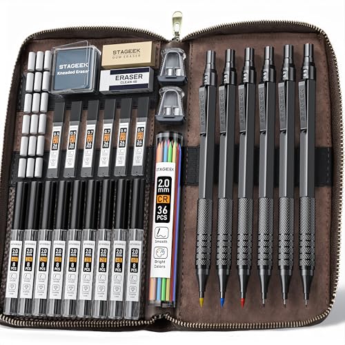 STAGEEK 6Stück Druckbleistifte Set mit Ledertasche,0,5 0,7 0,9 2,0mm Minenbleistift,metall mechanischer bleistift mit 16 Minenröhrchen(6B–4H)&Farbnachfüllungen,für Skizzieren, Zeichnen,schwarz von STAGEEK
