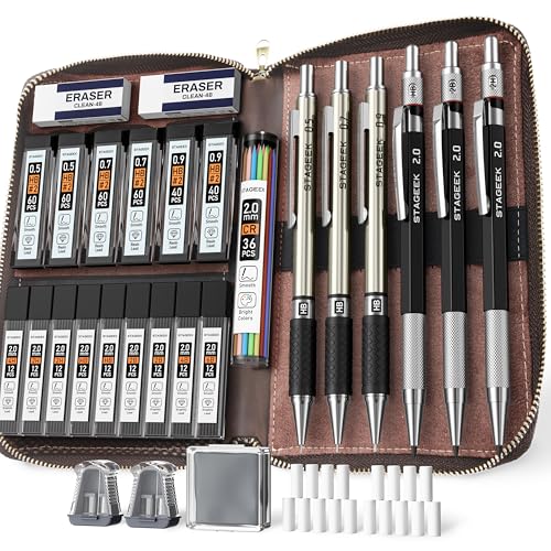 STAGEEK 30 teiliges Druckbleistift Set aus Metall mit Ledertasche 0,5/0,7/0,9/2,0mm,inkl.464 Minen(6B–4H&Farbnachfüllungen) für Skizzieren, Zeichnen & Schreiben von STAGEEK