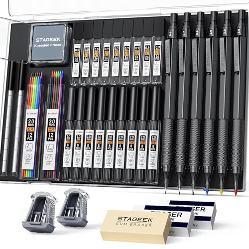 STAGEEK 6Stück Druckbleistifte Set,0,5 0,7 0,9 2,0mm Minenbleistift,metall mechanischer bleistift mit 384 Minen(6B, 4B, 2B, HB, 2H, 4H, Farbe) schreibwaren,für Künstler, Skizzieren, Zeichnen,schwarz von STAGEEK