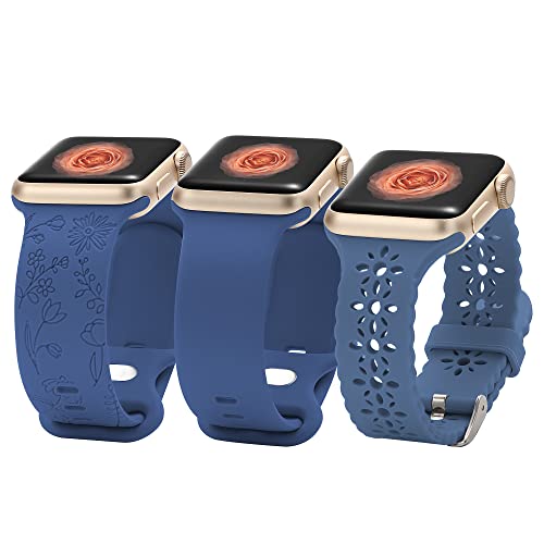 STARAMZ Silikonarmbänder, kompatibel mit Apple Watch, 38 mm, 40 mm, 41 mm, 42 mm, 44 mm, 45 mm, Blumen-Gravur, Spitzenbänder, florales Laserdruck, weiches Silikon-Sportarmband, kompatibel mit iWatch von STARAMZ
