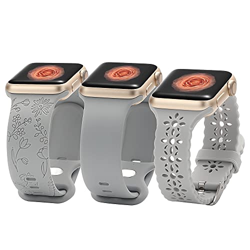 STARAMZ Silikonbänder, kompatibel mit Apple Watch, 38 mm, 40 mm, 41 mm, 42 mm, 44 mm, 45 mm, mit Blumen graviert, Spitzenbänder, floraler Laserdruck, weiches Silikon, Sportarmband, kompatibel mit von STARAMZ