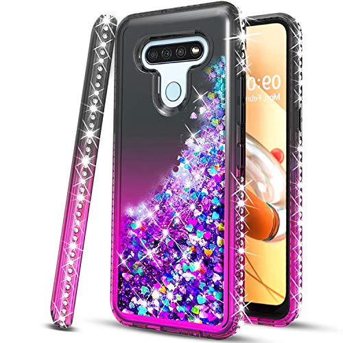 STARSHOP Kompatibel mit LG K51 Handyhülle, LG Reflect (L555DL), mit [Displayschutzfolie aus gehärtetem Glas] Flüssiger schwimmender Glitzer Treibsand Handyhülle mit Punkt-Diamanten – Schwarz/Pink von STARSHOP