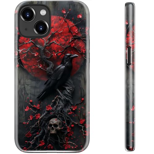 STARVIP Schutzhülle für iPhone 13 Mini, kompatibel mit kabellosem Laden, zweilagiger, stoßfester Schutz mit stilvollem Wildblumen-Design, schicke Schutzhülle für Damen, Rot mit Rabe von STARVIP