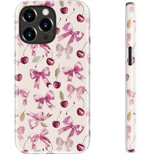 STARVIP Schutzhülle für iPhone 13 Pro, kompatibel mit kabellosem Laden, zweilagiger, stoßfester Schutz mit stilvollem Design, weiches Silikon + Hartschale, Handyhülle für Damen, Kirsche und Schleife von STARVIP