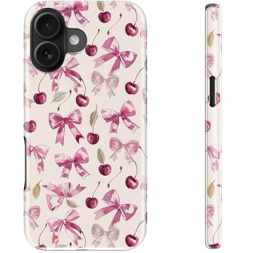 STARVIP Schutzhülle für iPhone 16, kompatibel mit kabellosem Laden, zweilagiger, stoßfester Schutz mit stilvollem Design, weiches Silikon + Hartschale, Handyhülle für Damen, Kirsche und Schleife von STARVIP