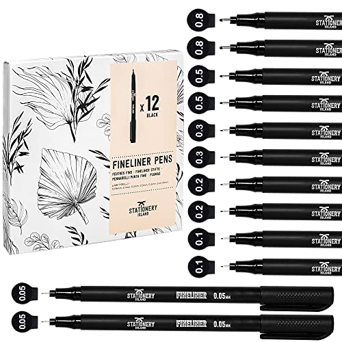 STATIONERY ISLAND Fineliner Schwarz, 12 Stück, Wasserfester Fineliner Schwarz 0,05–0,8 mm, Fineliner Set, Handlettering Stifte von STATIONERY ISLAND