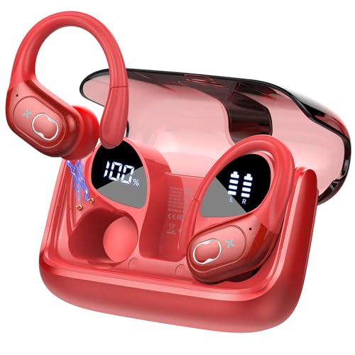 STECEi Kopfhörer Sport, 2025 in Ear Kopfhörer Kabellos Bluetooth 5.4 mit HD Mic, 75Std HiFi Stereo Bluetooth Kopfhörer mit Ohrhaken, Comfort Fit, IP7 wasserdichte Ohrhörer für Sport, Rot von STECEi