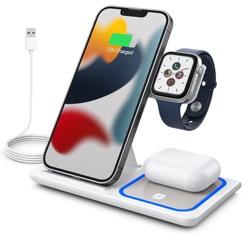 Kabelloses Ladegerät, faltbarer 3-in-1-Ladeständer für Apple Watch 9/8/7/6/SE/5/4/3/2, für Airpods Pro/3/2, schnelle kabellose Ladestation für iPhone 16/15/14/13/12/11/XS/XR/X/8 (weiß) von STECHNO