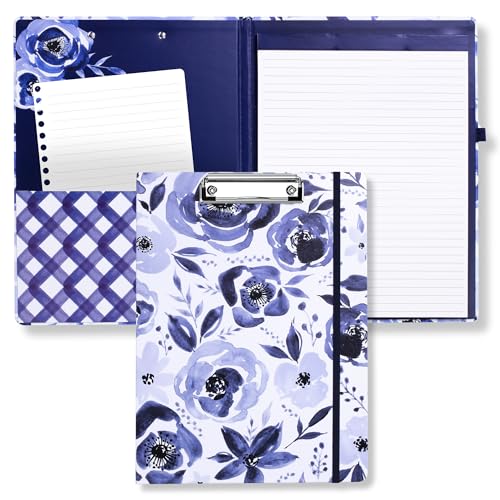 Steel Mill & Co Niedliches Klemmbrett mit nachfüllbarem, liniertem Notizblock und Innentasche, Blumen-Padfolio für die Arbeit, blaues Aquarell von STEEL MILL AND CO.