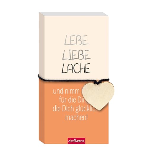 STEINBECK Geschenkblock - Lebe, Liebe, Lache und nimm Dir Zeit für die Dinge, die Dich glücklich machen! - Geschenkblock mit Herz aus Holz von STEINBECK
