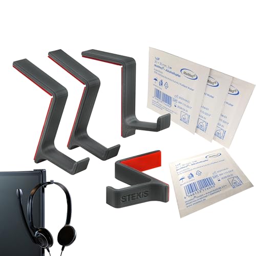 STEKIS Headset Halterung für Monitor - 4 Stück Headsethalter Haken im kompakten Design mit Reinigungstuch - Kopfhörer-Halterung Bildschirm für mehr Ordnung am PC Büro Arbeitsplatz STEKIS Headset Halterung für Monitor - 4 Stück Headsethalter Haken im kompakten Design mit Reinigungstuch - Kopfhörer-Halterung Bildschirm für mehr Ordnung am PC Büro Arbeitsplatz von STEKIS
