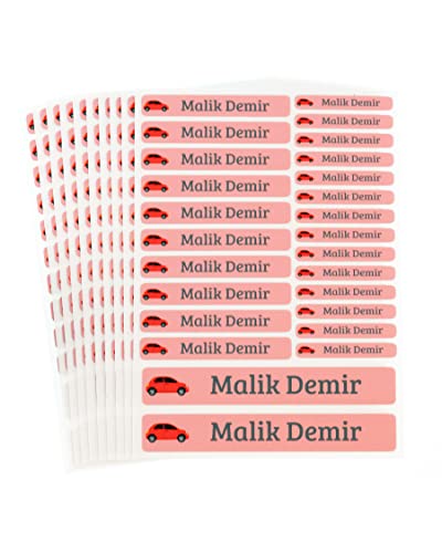 260 Stück personalisierte Namensaufkleber Set-Bögen Mini/Mittel/Groß - Spülmaschine geeignet/Wasserfest/Kratzfest für Innen und Außen (Rot, Set 260 Stück, Malik Demir-Auto) von STEMPEL-FABRIK