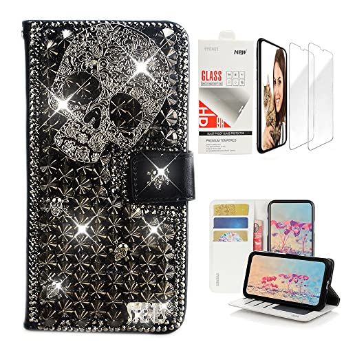 STENES Bling Wallet Handyhülle kompatibel mit iPhone 16 Pro – stilvoll – 3D handgefertigter Punk-Totenkopf Glitzer magnetische Brieftasche Leder Mädchen Frauen Cover mit Displayschutzfolie [2 Stück STENES Bling Wallet Handyhülle kompatibel mit iPhone 16 Pro – stilvoll – 3D handgefertigter Punk-Totenkopf Glitzer magnetische Brieftasche Leder Mädchen Frauen Cover mit Displayschutzfolie [2 Stück von STENES