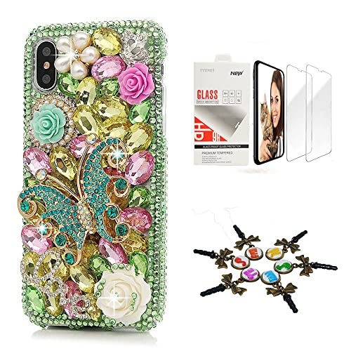 STENES Sparkle Hülle Kompatibel mit iPhone 13 Pro Max - Stilvoll - 3D Handmade Bling Butterfly Rose Blumen Kristall Strass Glitzer Design Cover Case mit Displayschutzfolie [2 Stück] - Grün von STENES