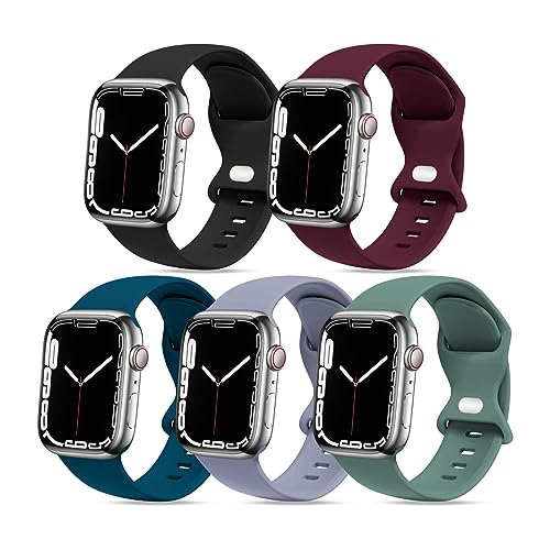 STG Sport [5er-Pack] Watch-Armband, kompatibel mit Apple-Watch, 38 mm, 40 mm, 41 mm, 42 mm, 44 mm, 45 mm, 49 mm, weiches Silikon-Ersatzband, kompatibel mit iWatch Ultra SE-Serie 8/7/6/5/4/3/2/1 (42 von STG Sport