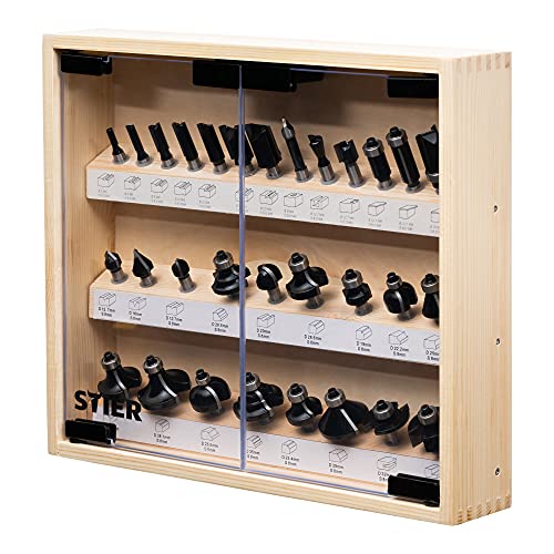 STIER Fräsersortiment in stabiler Vitrine, 30-teilig, 8 mm, Fräser für Oberfräsen, Holzfräser, Fräser Set, Fräserset, vollständiges Set mit Nutfräser Abrundfräser Bündigfräser Fasenfräser STIER Fräsersortiment in stabiler Vitrine, 30-teilig, 8 mm, Fräser für Oberfräsen, Holzfräser, Fräser Set, Fräserset, vollständiges Set mit Nutfräser Abrundfräser Bündigfräser Fasenfräser von STIER
