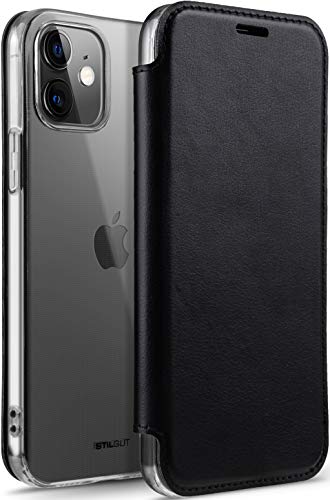 STILGUT Berlin Case kompatibel mit iPhone 12 Mini (5.4“) Hülle mit RFID Blocker - iPhone 12 Mini Hülle mit RFID/NFC Schutz + Kartenfach aus Leder & TPU - Schwarz/Transparent von STILGUT