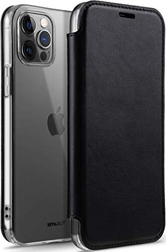 STILGUT Berlin Case kompatibel mit iPhone 12 Pro Max (6.7“) Hülle mit RFID Blocker - iPhone 12 Pro Max Hülle mit RFID/NFC Schutz + Kartenfach aus Leder & TPU - Schwarz/Transparent von STILGUT