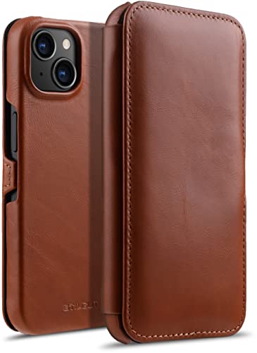 STILGUT Book Case kompatibel mit iPhone 14 (6.1“) Hülle aus Leder mit Clip-Verschluss, Klapphülle, Handyhülle, Lederhülle - Cognac von STILGUT