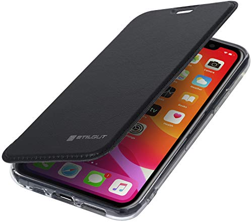 STILGUT Case entwickelt für iPhone 11 Pro Hülle mit RFID Blocker - iPhone 11 Pro Hülle mit RFID/NFC Schutz + Kartenfach aus Leder & TPU, schwarz/transparent von STILGUT