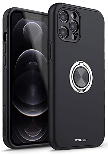 STILGUT Case kompatibel mit iPhone 12 Pro (6.1“) Handyhülle mit Fingerhalter & Ring-Ständer, Hülle mit 360 Grad drehbarer Smartphone Fingerhalterung/Ringhalter - Schwarz von STILGUT