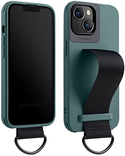 STILGUT Case kompatibel mit iPhone 14 (6.1“) Handyhülle mit Fingerhalterung, TPU Case mit Handschlaufe aus Nylon, Cover mit Strap, Grün von STILGUT