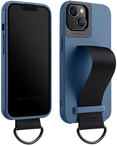 STILGUT Case kompatibel mit iPhone 14 Plus (6.7“) Handyhülle mit Fingerhalterung, TPU Case mit Handschlaufe aus Nylon, Cover mit Strap, Blau von STILGUT