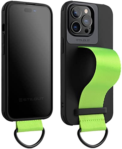 STILGUT Case kompatibel mit iPhone 14 Pro (6.1“) Handyhülle mit Fingerhalterung, TPU Case mit Handschlaufe aus Nylon, Cover mit Strap, Black von STILGUT