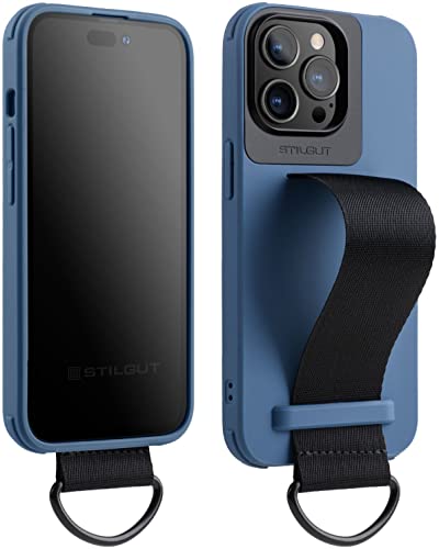 STILGUT Case kompatibel mit iPhone 14 Pro (6.1“) Handyhülle mit Fingerhalterung, TPU Case mit Handschlaufe aus Nylon, Cover mit Strap, Blau von STILGUT