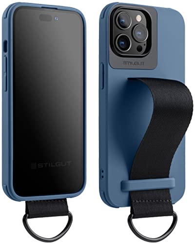 STILGUT Case kompatibel mit iPhone 14 Pro Max (6.7“) Handyhülle mit Fingerhalterung, TPU Case mit Handschlaufe aus Nylon, Cover mit Strap, Blau von STILGUT