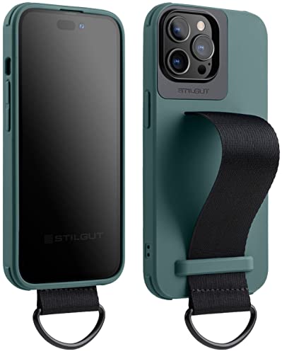 STILGUT Case kompatibel mit iPhone 14 Pro Max (6.7“) Handyhülle mit Fingerhalterung, TPU Case mit Handschlaufe aus Nylon, Cover mit Strap, Grün von STILGUT