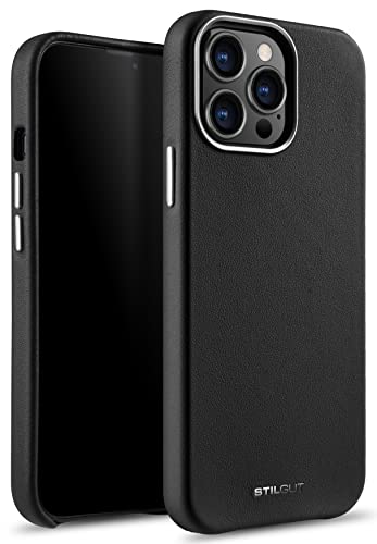 STILGUT Cover kompatibel mit iPhone 13 Pro Max (6.7") Hülle aus Leder - iPhone 13 Pro Max Case mit Tasten & Kameraeinfassung aus Metall, Lederhülle, Ledercase - Schwarz von STILGUT