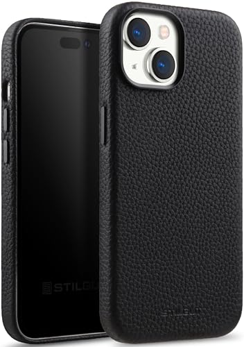 STILGUT Cover kompatibel mit iPhone 15 Hülle aus Leder - iPhone 15 Case aus Leder Kompatibel mit MagSafe mit Tasten & Kameraeinfassung aus Metall, Ledercase - Schwarz von STILGUT
