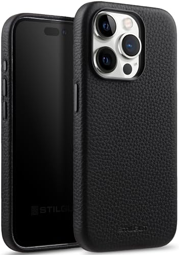 STILGUT Cover kompatibel mit iPhone 15 Pro Max Hülle aus Leder - Case aus Leder Kompatibel mit MagSafe, mit Tasten & Kameraeinfassung aus Metall, Ledercase - Schwarz von STILGUT
