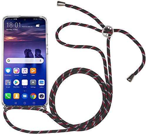 STILGUT Handykette kompatibel mit Huawei P smart 2019 Hülle mit Band, Handyhülle zum Umhängen, transparente Handyhülle mit Band in Schwarz-Rot-Weiß von STILGUT