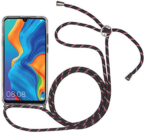 STILGUT Handykette kompatibel mit Huawei P30 lite Hülle mit Band, Handyhülle zum Umhängen, transparente Handyhülle mit Band in Schwarz-Rot-Weiß von STILGUT