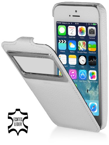 STILGUT Leder-Hülle mit Sichtfenster kompatibel mit iPhone 5/iPhone 5s (iOS 7) vertikal aufklappbar, Weiß von STILGUT