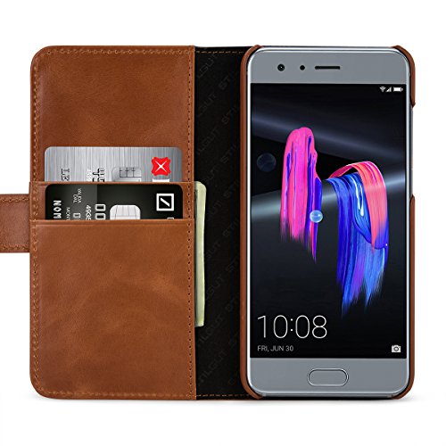 STILGUT Talis Schutz-Hülle für Huawei Honor 9 mit Kreditkarten-Fächern aus echtem Leder. Seitlich aufklappbares Flip Case in Handarbeit gefertigt für das Original Huawei Honor 9, Cognac von STILGUT