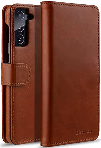 STILGUT Talis kompatibel mit Samsung Galaxy S21 5G Hülle mit Kartenfach aus Leder, Flip Cover, Wallet Case, Lederhülle mit Fächern & Verschluss - Cognac Antik von STILGUT