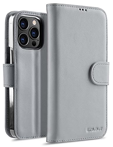 STILGUT Talis kompatibel mit iPhone 13 Pro (6.1“) Hülle mit Kartenfach aus Leder, Flip Cover, Wallet Case, Handyhülle mit Fächern, Standfunktion & Verschluss - Grau Nappa von STILGUT