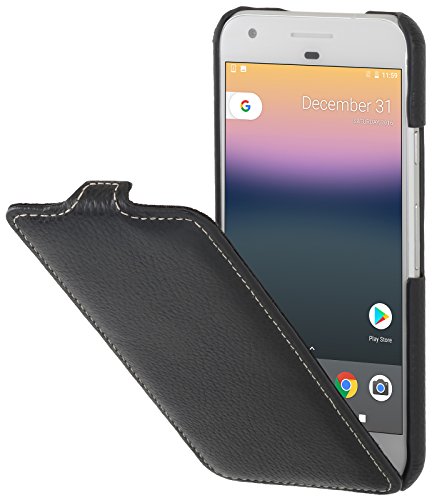 STILGUT UltraSlim Case Hülle Leder-Tasche für Google Pixel. Dünnes Flip-Case vertikal klappbar aus Echtleder für das Original Google Pixel | Smart-Cover On-/Off-Funktion, Schwarz von STILGUT