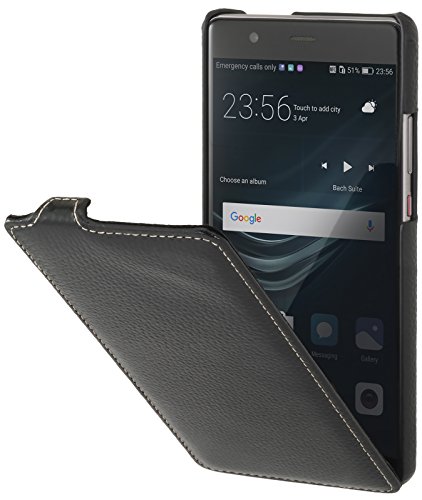 STILGUT UltraSlim Case Hülle Leder-Tasche für Huawei P9 Plus. Dünnes Flip-Case vertikal klappbar aus Echtleder für das Original Huawei P9 Plus, Schwarz von STILGUT